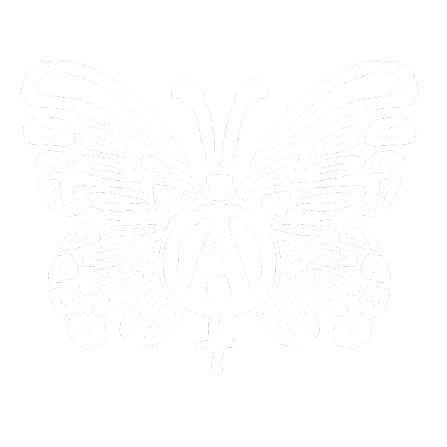 butterfly logo, featuring a trans-anarchist symbol